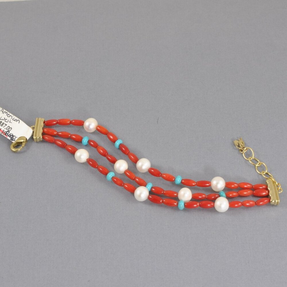 NWT American West Red Coral Bead & Gemstone 3 Strand Bracelet - Small